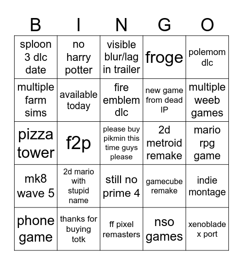 ninto dirt Bingo Card