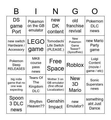 Nintendo Direct 6.21.2023 Bingo Card