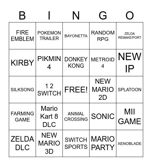 NINTENDO DIRECT Bingo Card