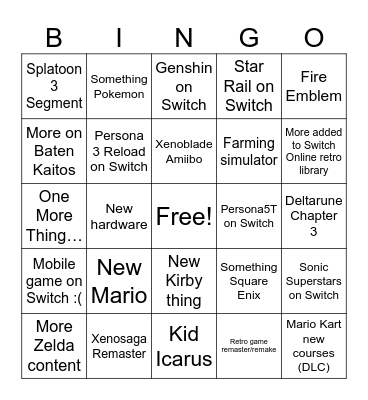 Nintendo Direct June ‘23 Bingo Card