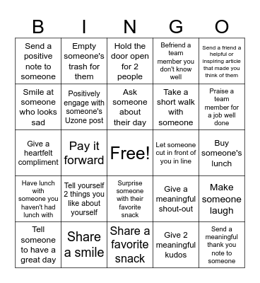 Random Acts of Kindness Bingo Card