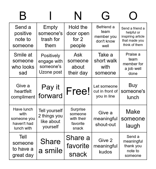 Random Acts of Kindness Bingo Card