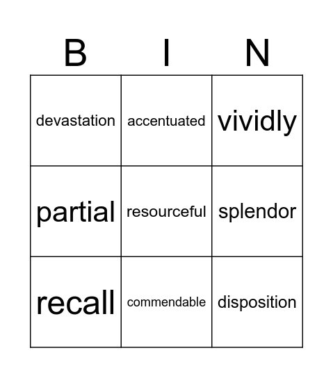 Vocab Words Bingo Card