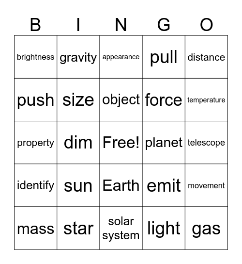 Grade 3 Unit: Earth in Space and Time Bingo Card
