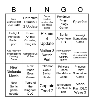 Nintendo Direct Bingo Card