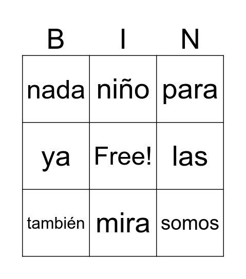 Palabras de  alta frecuencia Bingo Card
