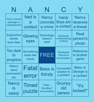 Nancy Drew Game Bingo Card