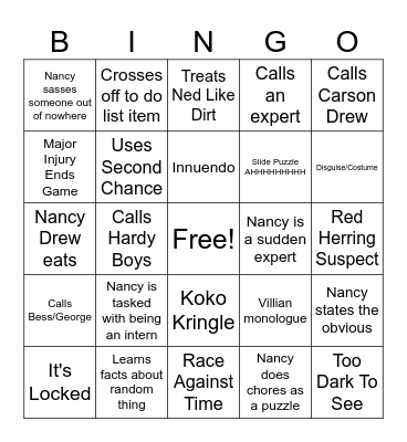 Nancy Drew Bingo Card