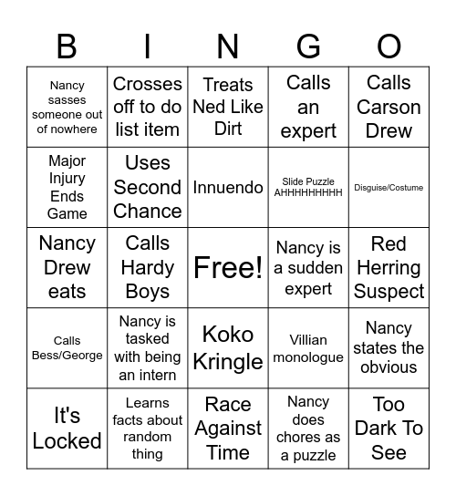 Nancy Drew Bingo Card