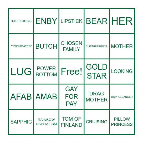 Big Gay Bingo Card