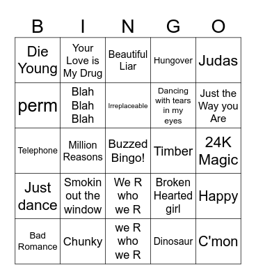 Lady Gaga, Beyonce, Kesha & Bruno Bingo Card