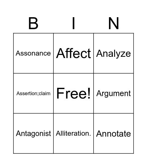 Week 1 Vocab Bingo Card