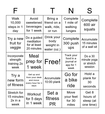 Fitness Bingo Card