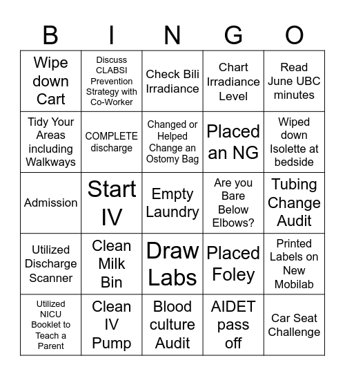 NICU SUMMER BINGO Card