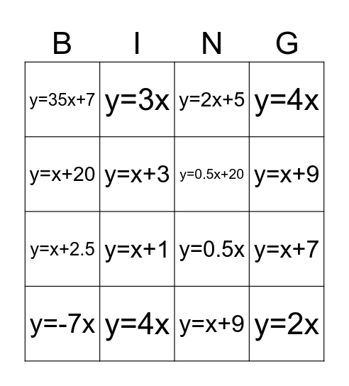 Equation Bingo Card