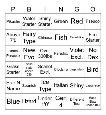 Pokémon Wonder Trade Bingo Card