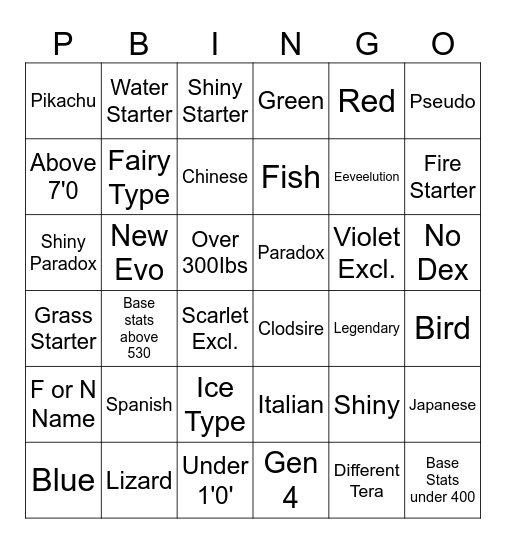 Pokémon Wonder Trade Bingo Card