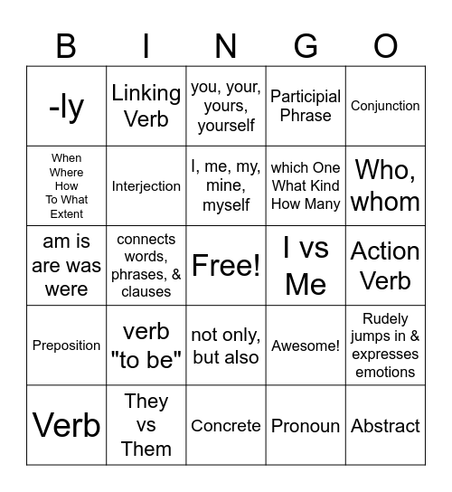 Grammar/Parts of Speech Bingo Card