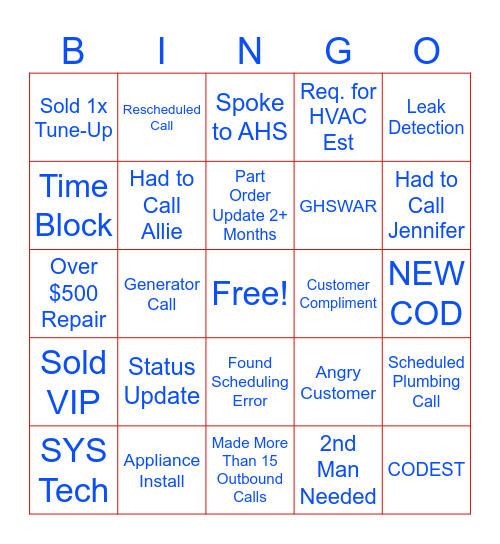 Call Center Bingo Card