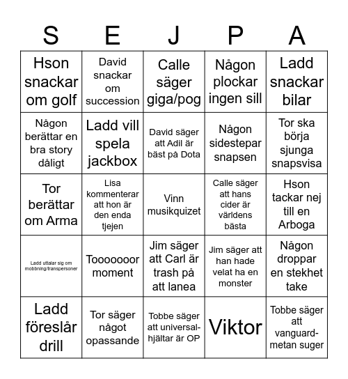 Midsommar Madness Bingo Card