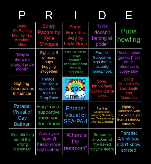 Seattle Pride Parade Bingo Board Bingo Card