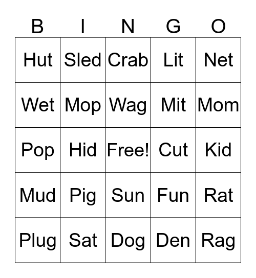 Short Vowel Bingo Card