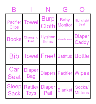 Bingo for Baby Maslia Bingo Card