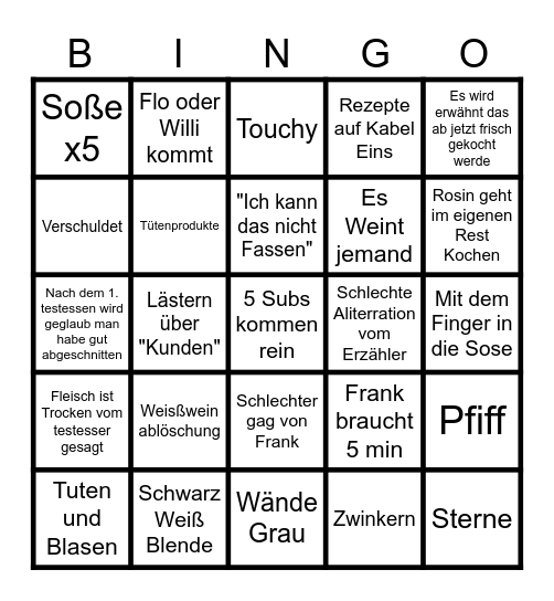 Rosins Restaurant Bingo Card