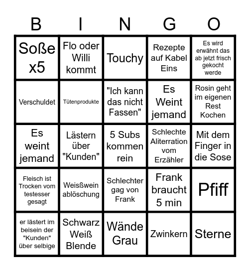 Rosins Restaurant Bingo Card