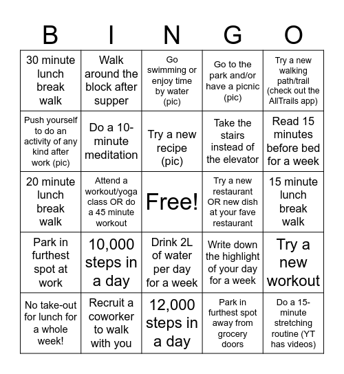Aqautivity Bingo Card