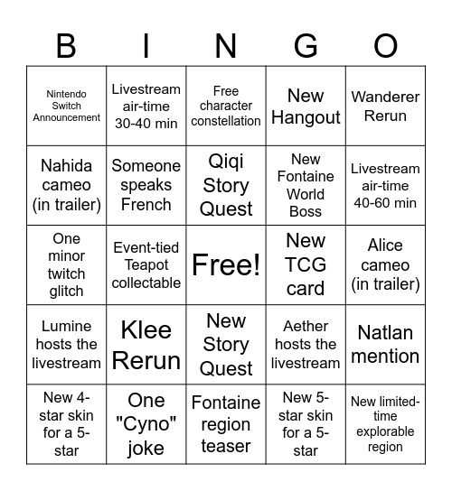 Genshin 3.8 Livestream Bingo! Bingo Card