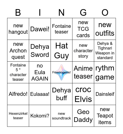 Genshin 3.8 Livestream bingo Card