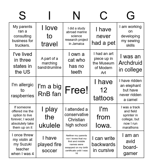 SiNCG-O-BINGO! Bingo Card