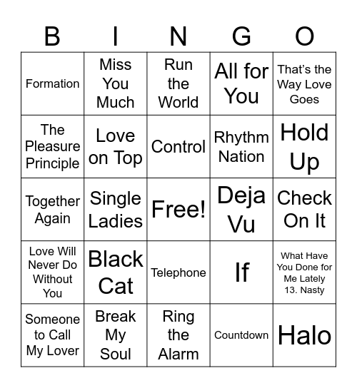 Janet VS Beyonce Bingo Card