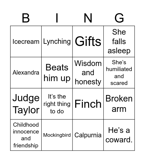 To Kill a Mockingbird Bingo Card