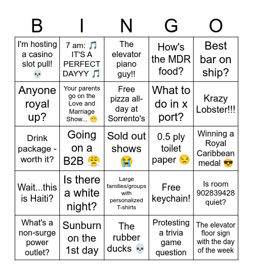 Royal Caribbean Cruise Bingo Card