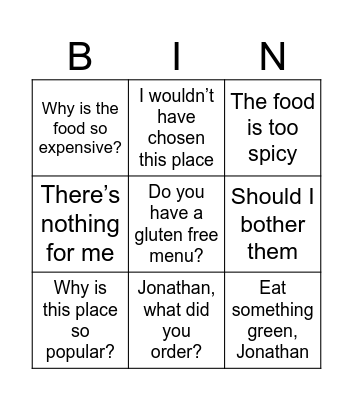 Grandma BB Complains (Restaurant) Bingo Card