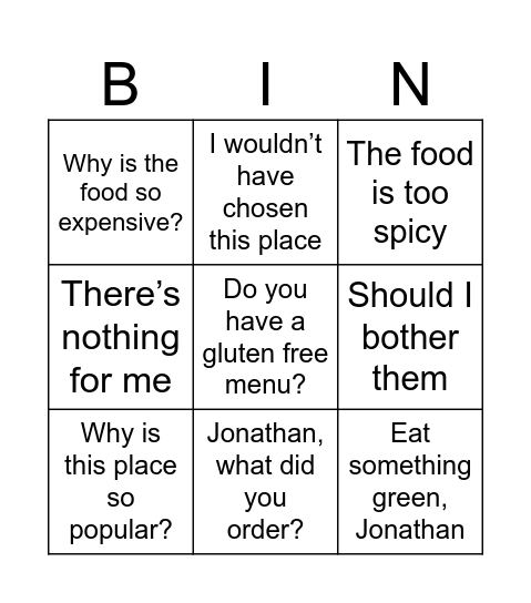 Grandma BB Complains (Restaurant) Bingo Card