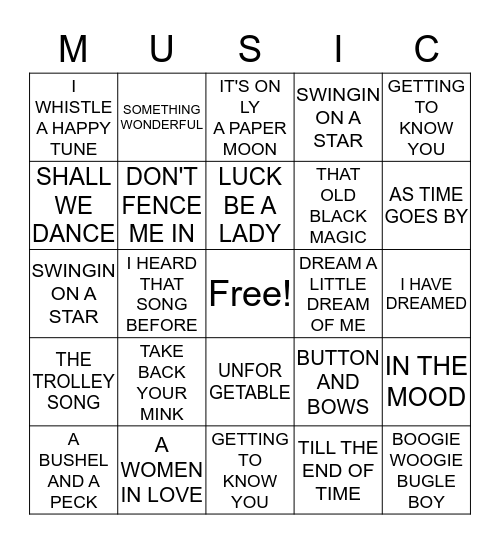 Guy's & Dolls & Hits from the 40's Bingo Card