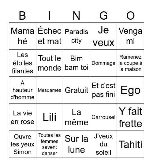 Bingo de la musique Bingo Card