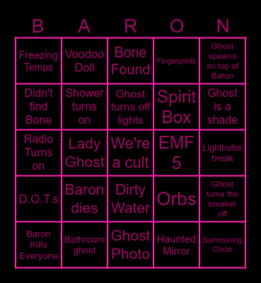 Phasmophobia Bingo Card