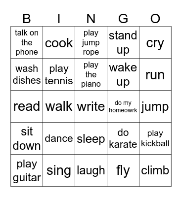 Action Verb Bingo Card