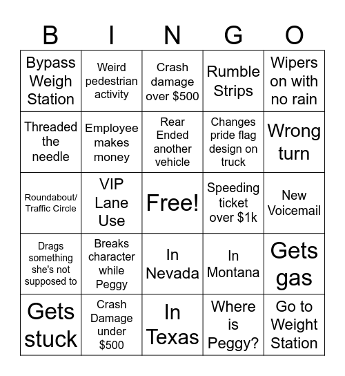 Truckin Bingo Card