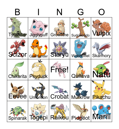 Pokemon Johto Bingo Card