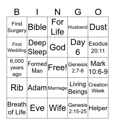 God Created Adam and Eve Bingo Card