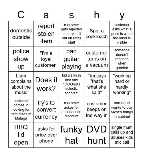 CASHIES Bingo Card