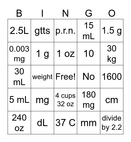 Unit Measure Bingo Card