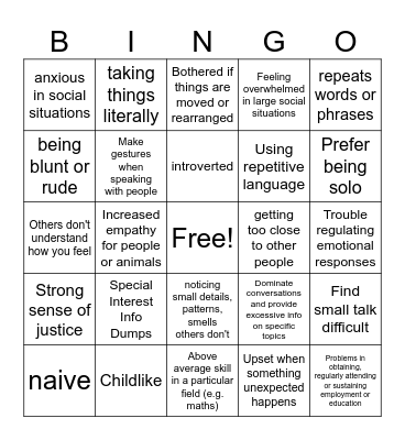 Autism Bingo Card