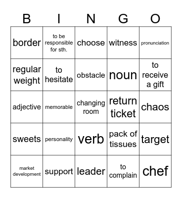 Vocabulary Revision Bingo Card