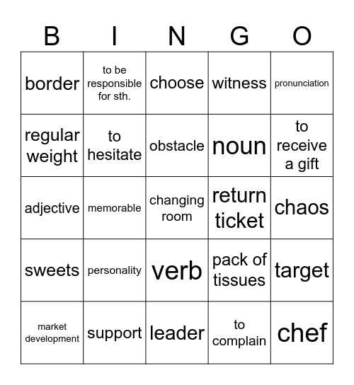 Vocabulary Revision Bingo Card